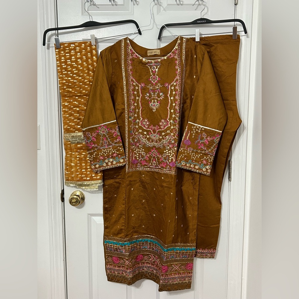 Meraki 3 piece stitched Pakistani suit in Mustard color cotton karandi fabric
